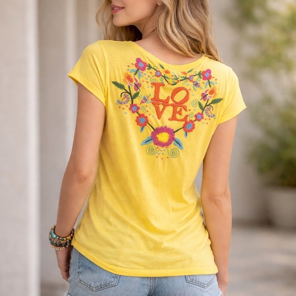 Johnny Was Embroidered Floral "Love" Yellow T-Shirt Size Large - Picture 2 of 8